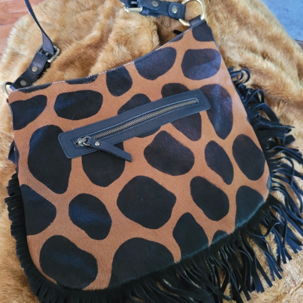 Nwt Italian leather and fur leopard hobo bag